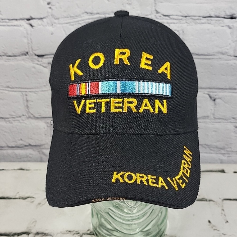 Korean Veteran Hat Mens One Size Black Adjustable Gold Embroidered Ball Cap